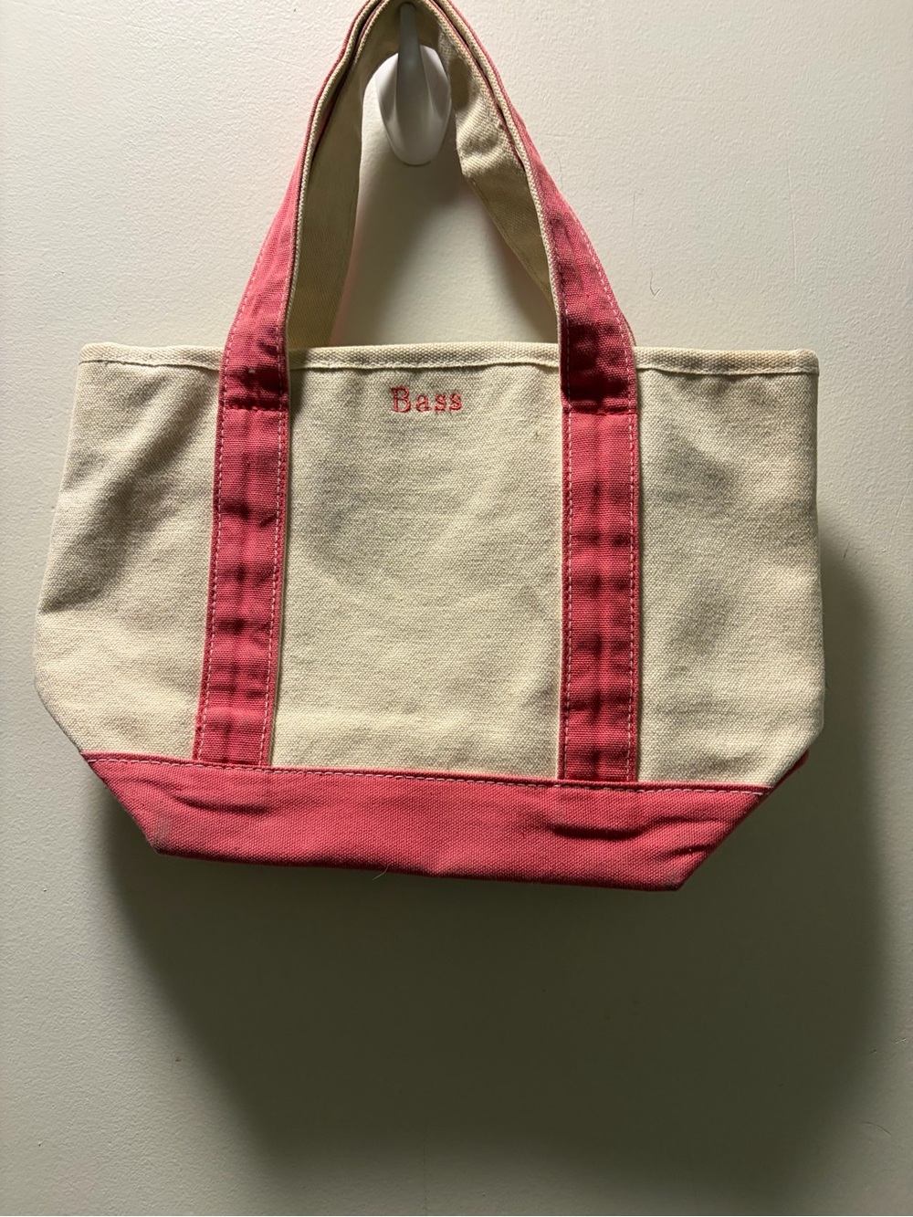Bass Cream Canvas Tote with Pink Accents 13X9X5 very clean